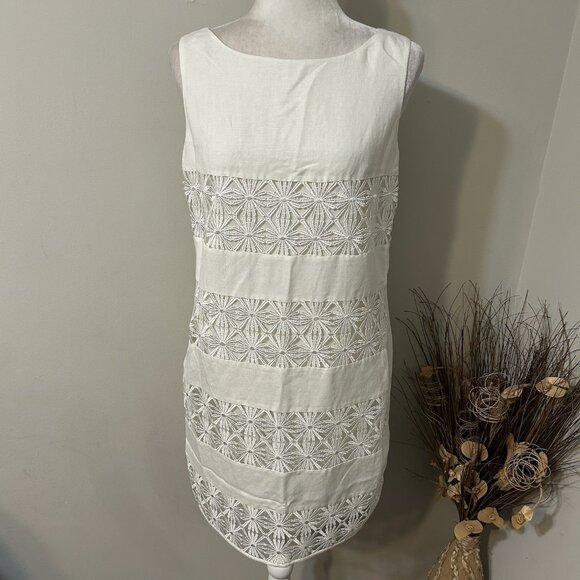 Jessica Howard LINEN Blend Shift Dress Sleeveless Ivory Floral Lace - Picture 1 of 8